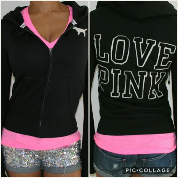 PINK Victoria's Secret Tops - Victoria's Secret PINK Logo Full Zip Hoodie Black